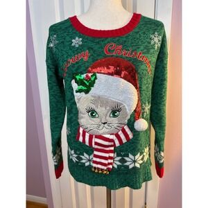 Isla Meowy Christmas Cat Sweater Green Sequin Santa Hat Jingle Bells Small